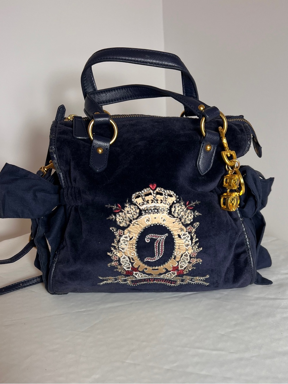 Vintage Juicy Navy Embroidered Velvet Top-Handle Bag with Gold Hardware